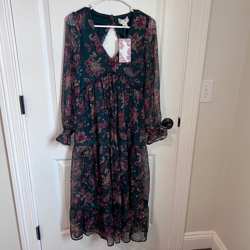 Band of the Free Pine Berry Floral Paisley Midi Dress Teal XS NWT W0437767L‎